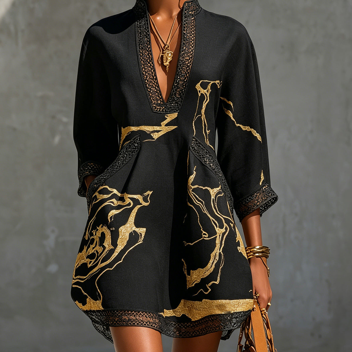 Léonie | Black Mini Dress in Crochet Lace with Gold Patterns and V-Neck — view 2