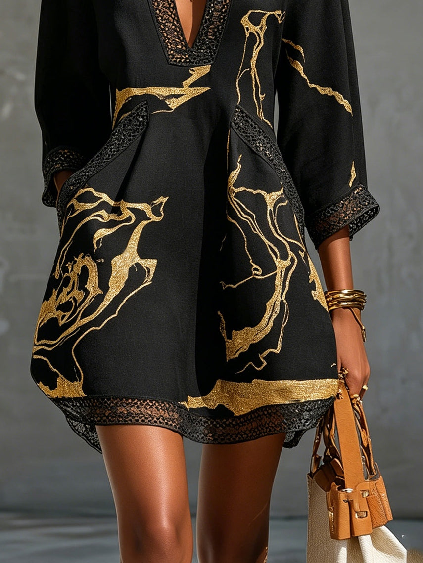 Léonie | Black Mini Dress in Crochet Lace with Gold Patterns and V-Neck — view 4