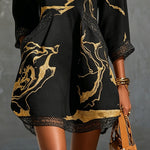 Léonie | Black Mini Dress in Crochet Lace with Gold Patterns and V-Neck — view 4