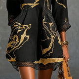 Léonie | Black Mini Dress in Crochet Lace with Gold Patterns and V-Neck — view 4