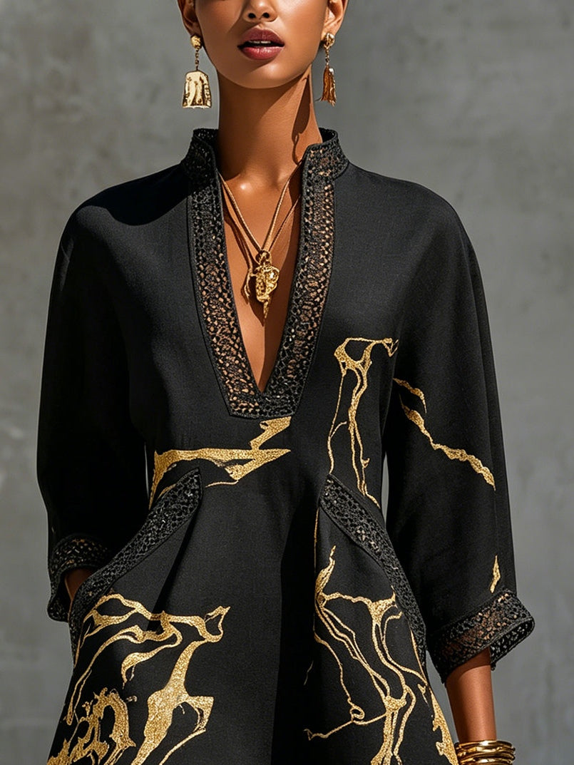 Léonie | Black Mini Dress in Crochet Lace with Gold Patterns and V-Neck