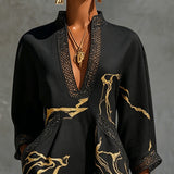 Léonie | Black Mini Dress in Crochet Lace with Gold Patterns and V-Neck