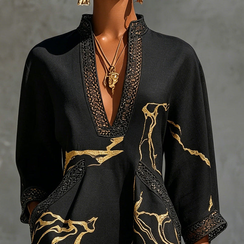 Léonie | Black Mini Dress in Crochet Lace with Gold Patterns and V-Neck