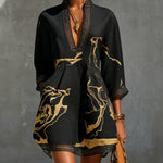 Black Mini Dress in Crochet Lace with Golden Pattern — view 2