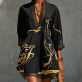 Black Mini Dress in Crochet Lace with Golden Pattern — view 2
