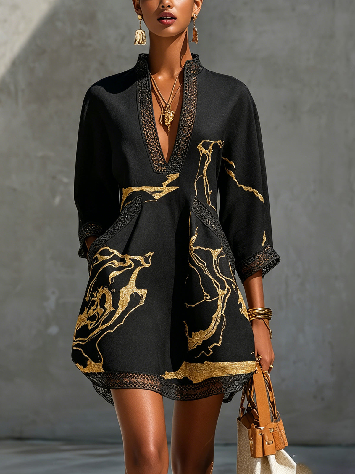 Black Mini Dress in Crochet Lace with Golden Pattern — view 2