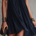 Navy Blue Pleated Chiffon Mini Dress with Floral Embroidery — view 5