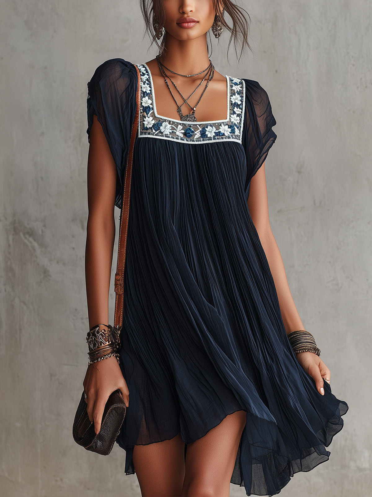 Navy Blue Pleated Chiffon Mini Dress with Floral Embroidery