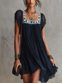 Navy Blue Pleated Chiffon Mini Dress with Floral Embroidery