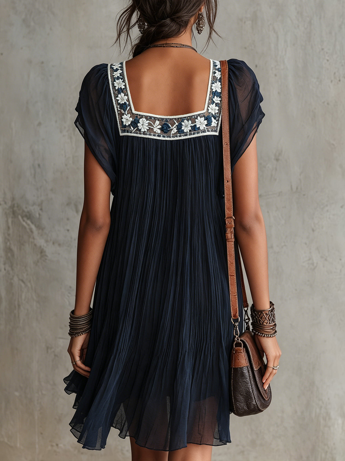 Navy Blue Pleated Chiffon Mini Dress with Floral Embroidery — view 3