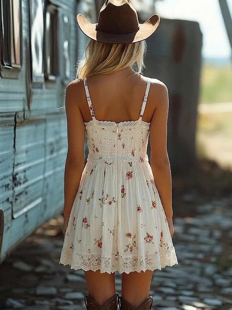White Floral Print Bohemian Mini Dress with Thin Straps
