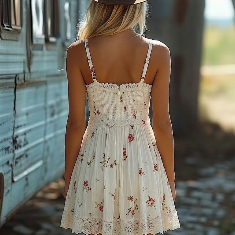 White Floral Print Bohemian Mini Dress with Thin Straps