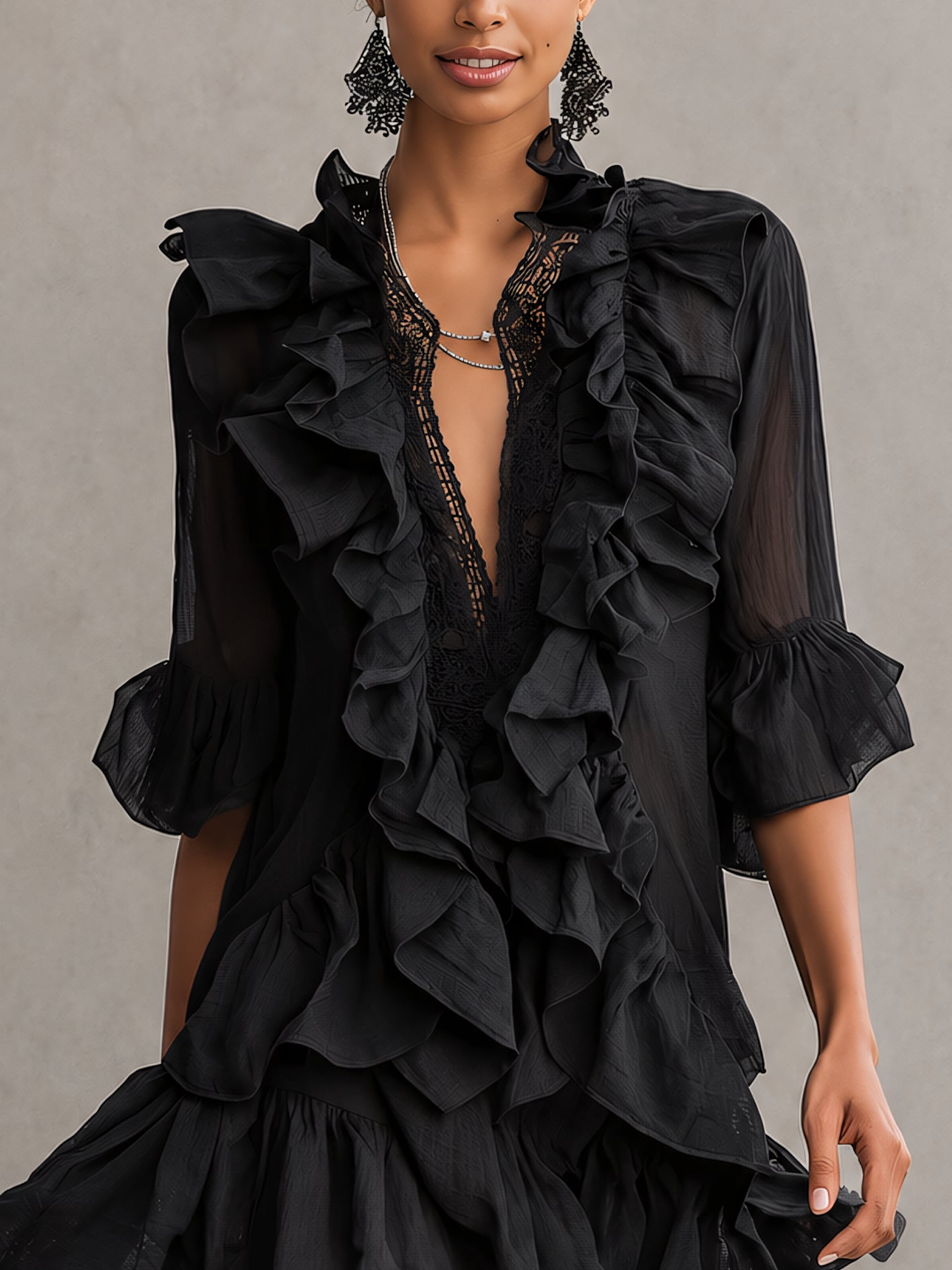 Black Chiffon Mini Dress with Ruffles — view 4