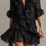 Black Chiffon Mini Dress with Ruffles — view 5