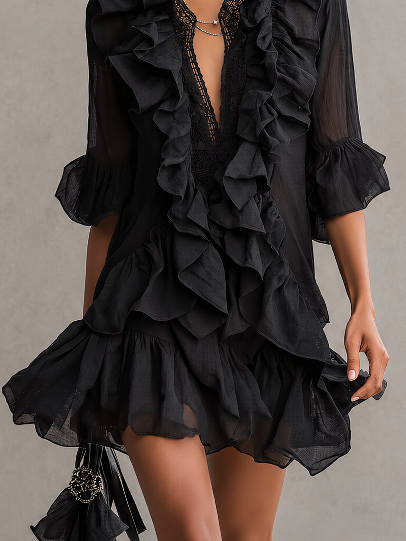Black Chiffon Mini Dress with Ruffles — view 5