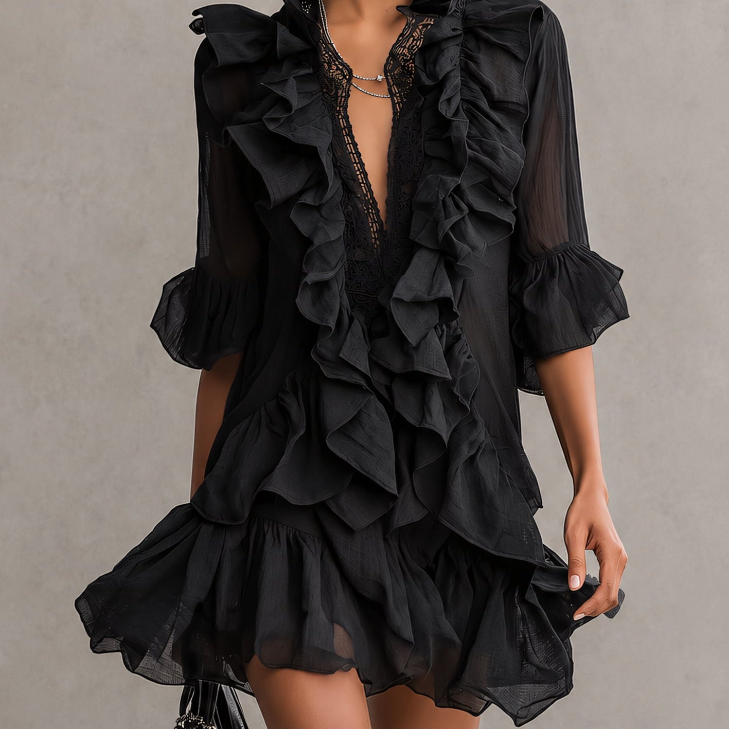 Black Chiffon Mini Dress with Ruffles