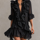 Black Chiffon Mini Dress with Ruffles