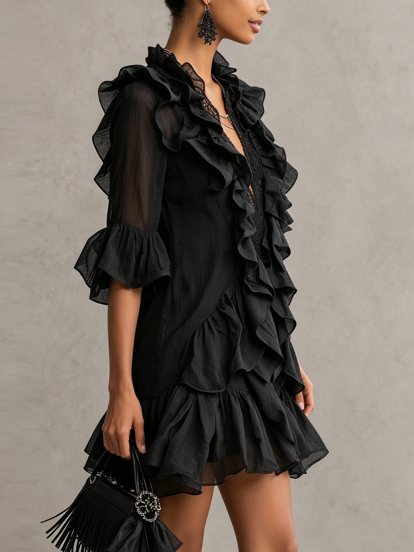 Black Chiffon Mini Dress with Ruffles — view 2