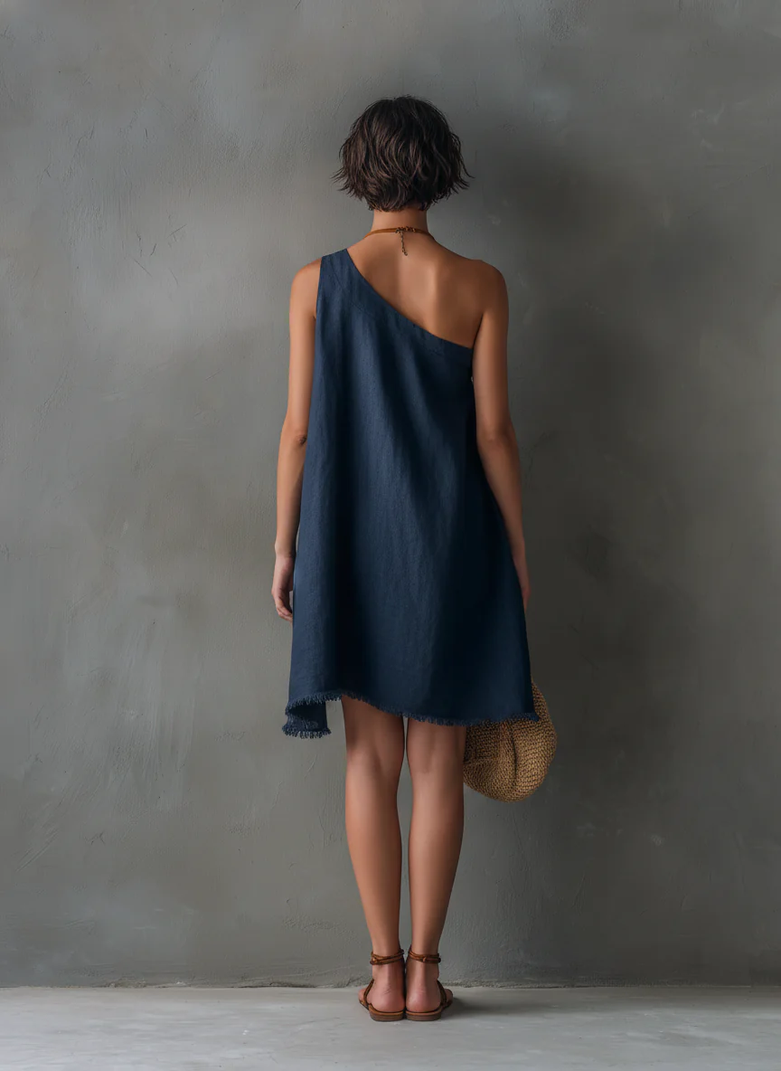 One-Shoulder Mini Dress, Navy Blue — view 3