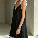 Black Mini Dress with V-Neck and White Flowers — view 2