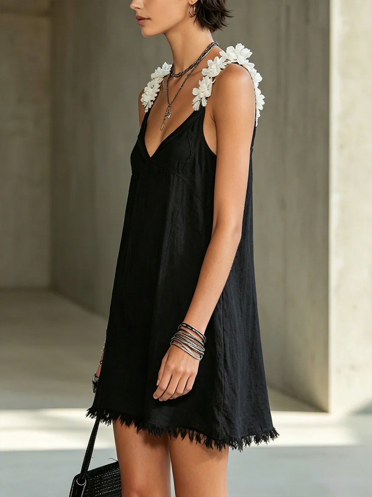 Black Mini Dress with V-Neck and White Flowers — view 2