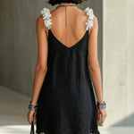 Black Mini Dress with V-Neck and White Flowers — view 3