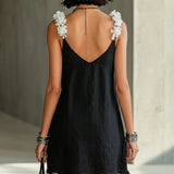 Black Mini Dress with V-Neck and White Flowers — view 3
