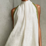 Sleeveless A-Line Mini Dress, White with Olive Green — view 4