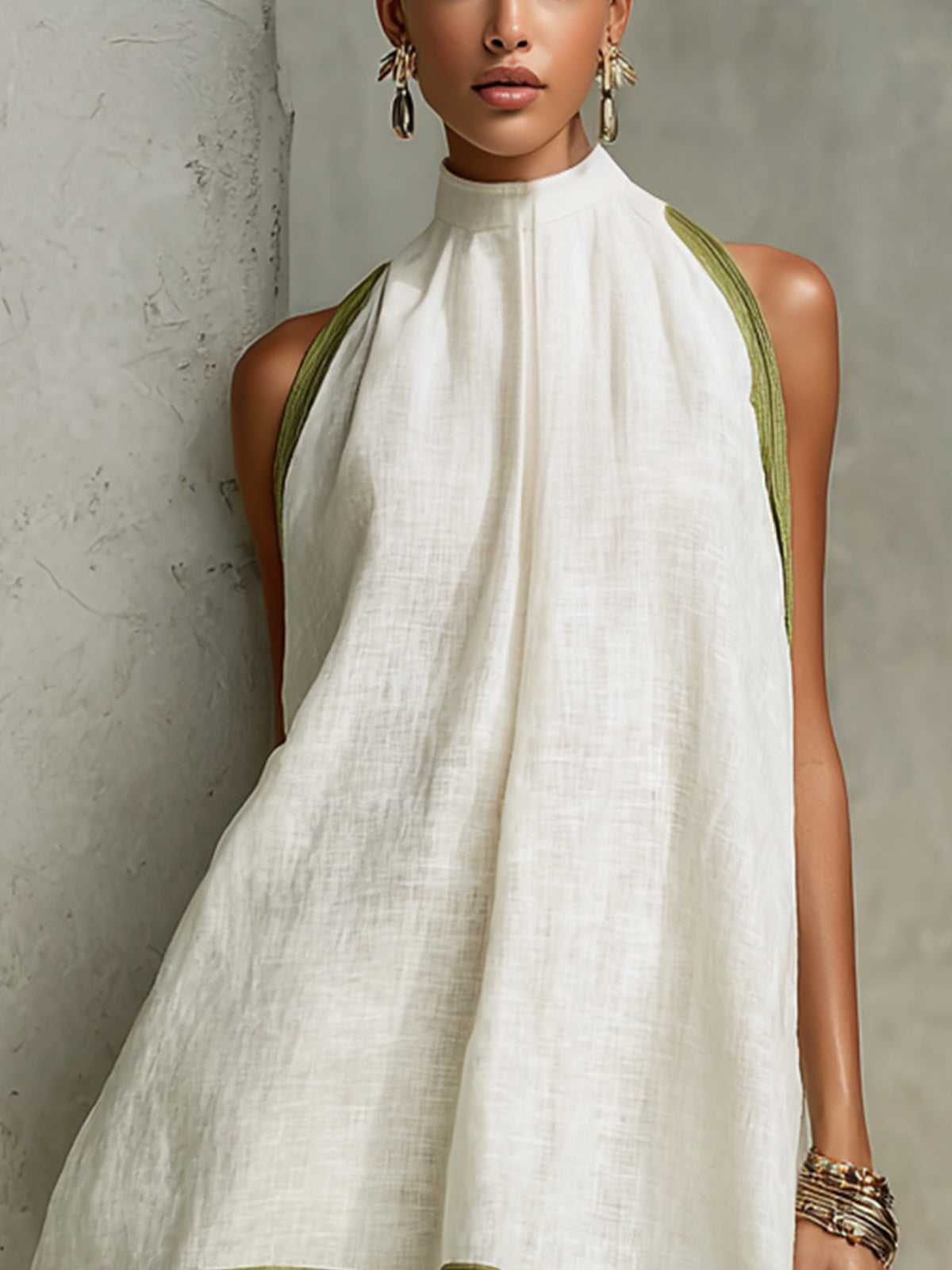Sleeveless A-Line Mini Dress, White with Olive Green — view 4