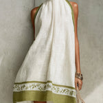 Sleeveless A-Line Mini Dress, White with Olive Green