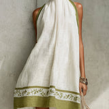 Sleeveless A-Line Mini Dress, White with Olive Green