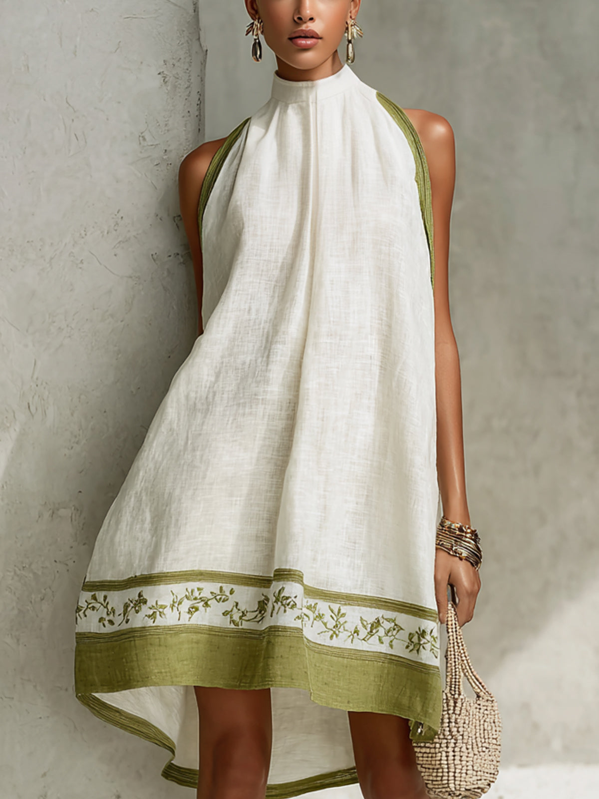 Sleeveless A-Line Mini Dress, White with Olive Green