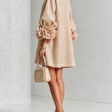 Beige Mini Dress with Floral Buttons and Rose-Shaped Cuffs — view 4