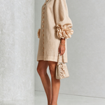 Beige Mini Dress with Floral Buttons and Rose-Shaped Cuffs — view 3