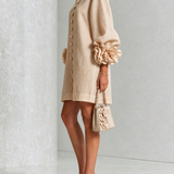Beige Mini Dress with Floral Buttons and Rose-Shaped Cuffs — view 3