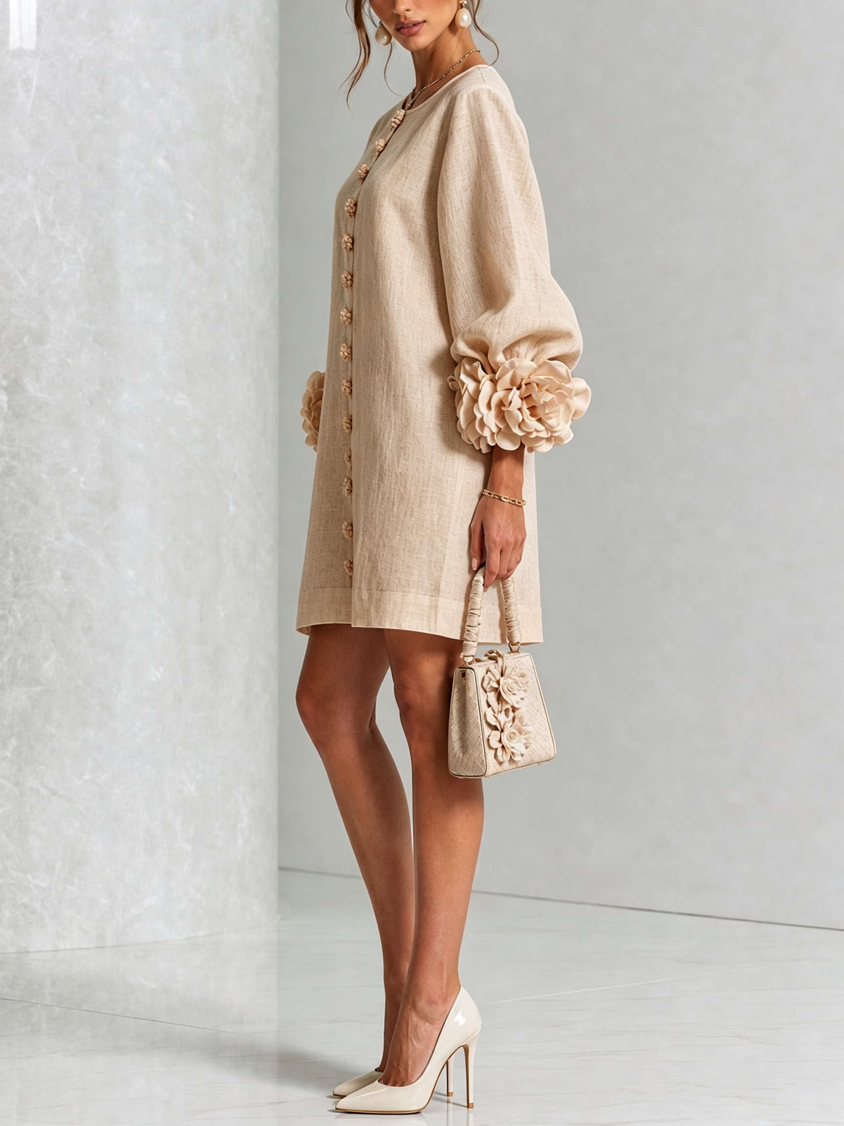 Beige Mini Dress with Floral Buttons and Rose-Shaped Cuffs — view 3