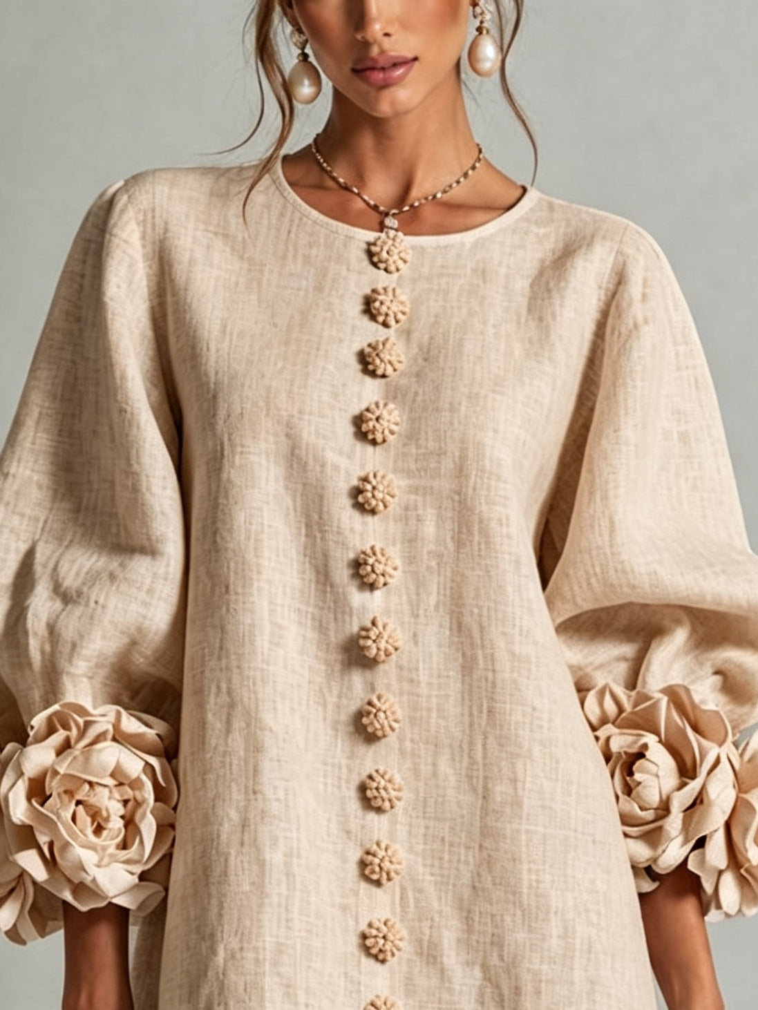 Beige Mini Dress with Floral Buttons and Rose-Shaped Cuffs