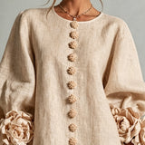 Beige Mini Dress with Floral Buttons and Rose-Shaped Cuffs