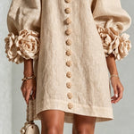 Beige Mini Dress with Floral Buttons and Rose-Shaped Cuffs — view 6