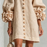 Beige Mini Dress with Floral Buttons and Rose-Shaped Cuffs — view 6