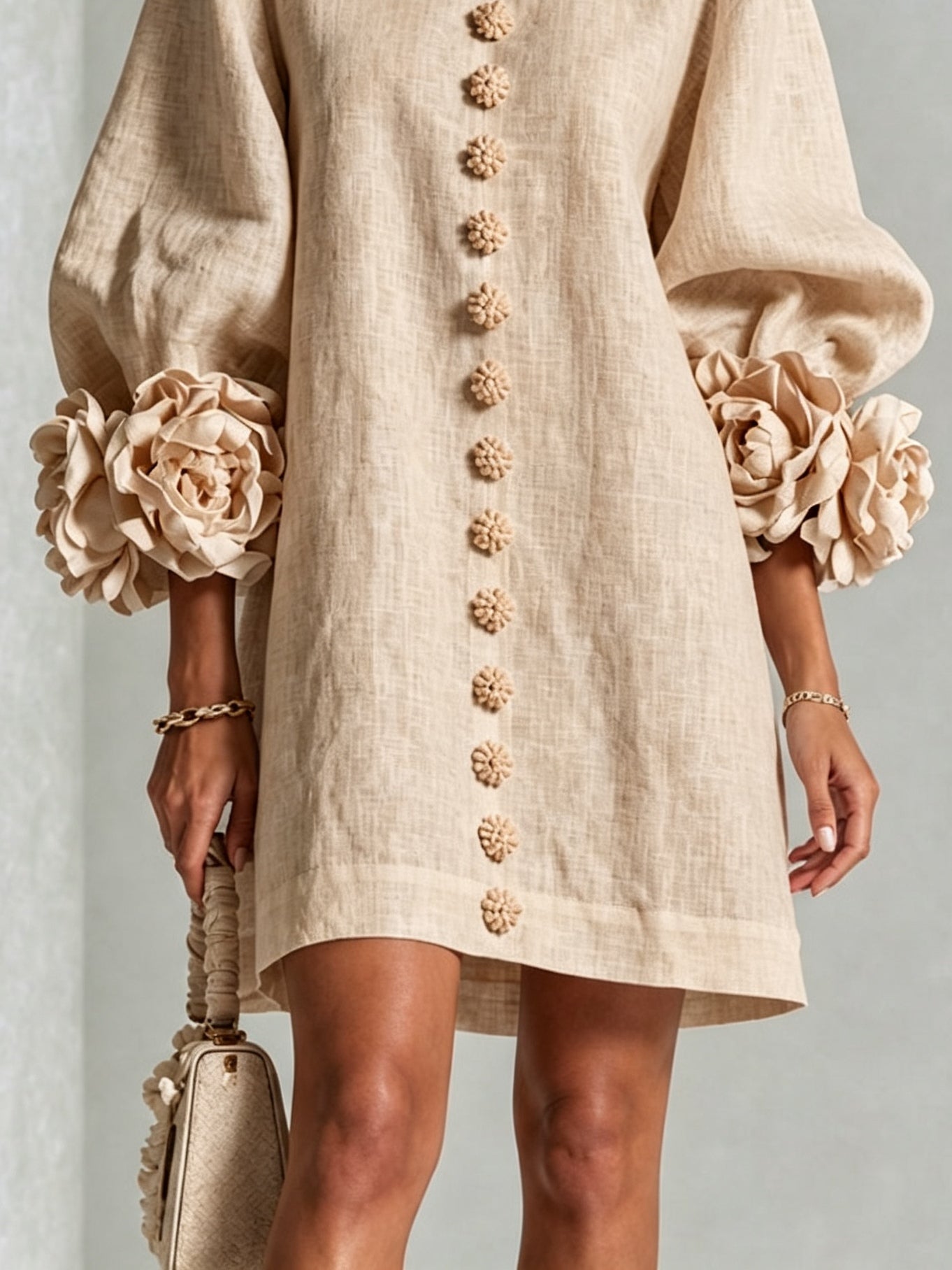 Beige Mini Dress with Floral Buttons and Rose-Shaped Cuffs — view 6