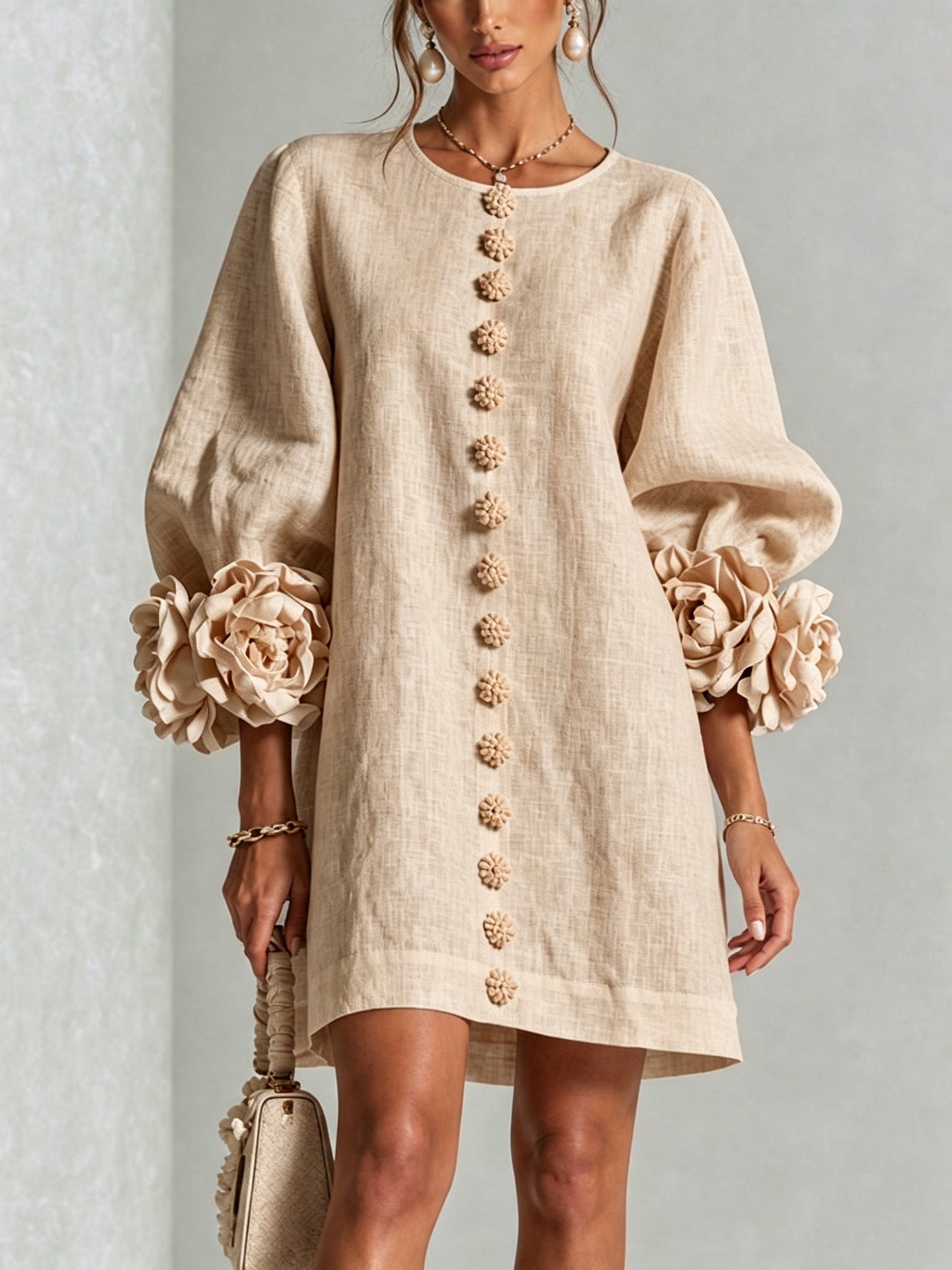 White Floral Mini Dress with Decorated Cuffs — view 11