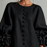 Black Mini Dress with Floral Buttons and Rose-Shaped Cuffs