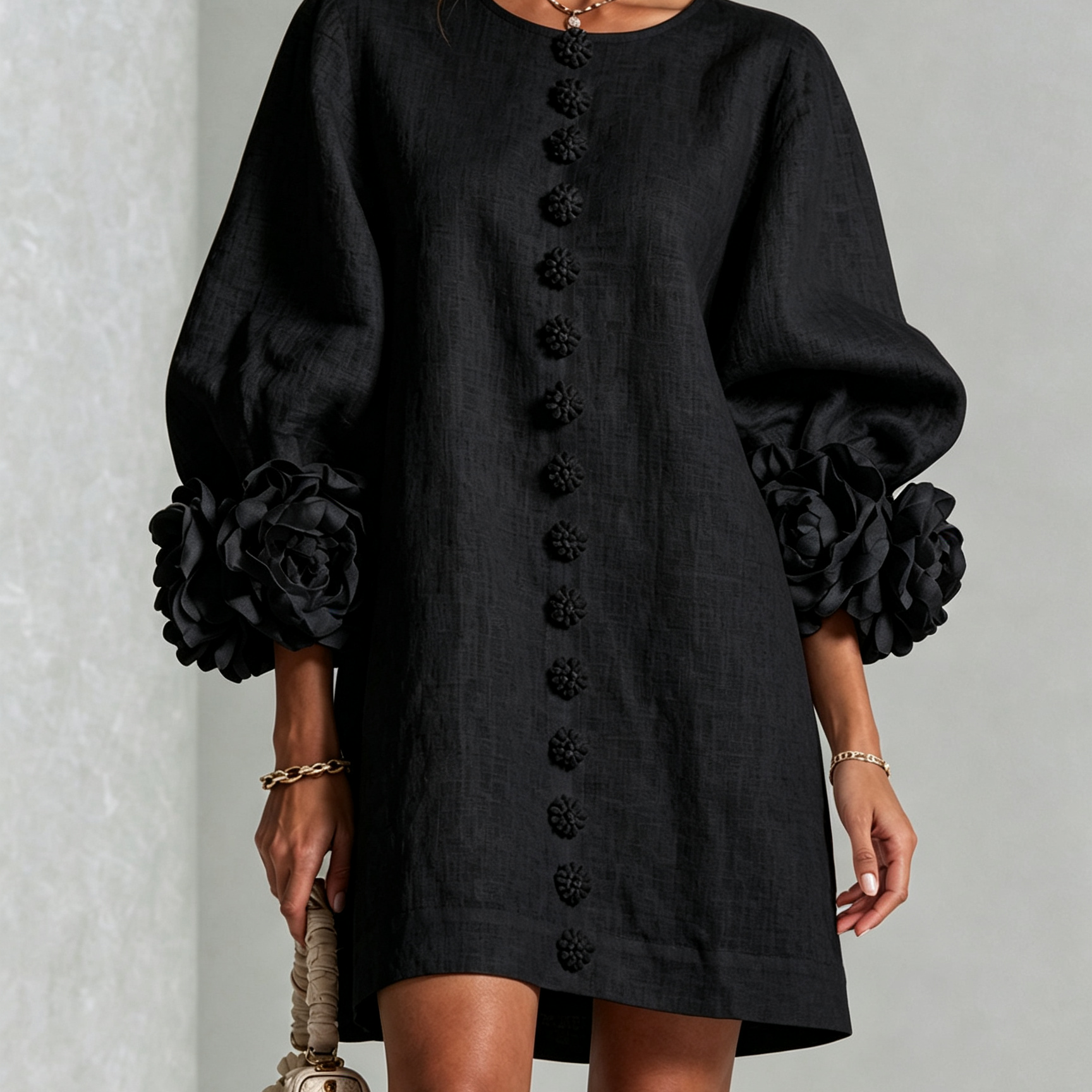 Black Mini Dress with Floral Buttons and Rose-Shaped Cuffs — view 2