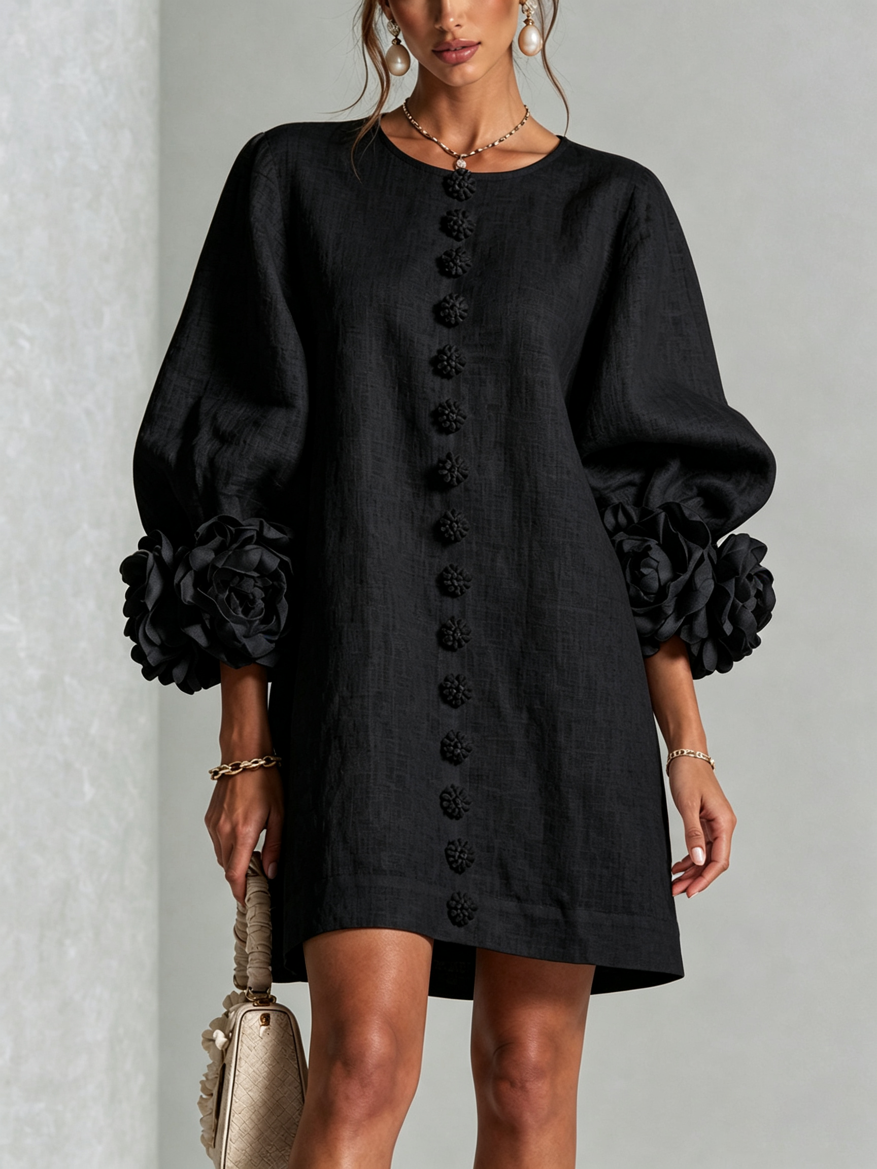 Black Mini Dress with Floral Buttons and Rose-Shaped Cuffs — view 2