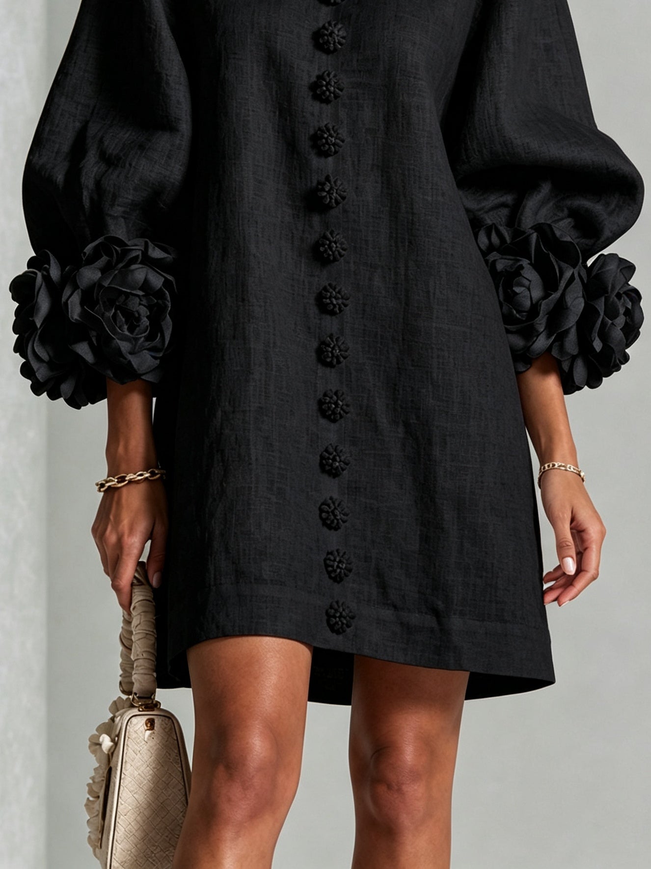 Black Mini Dress with Floral Buttons and Rose-Shaped Cuffs — view 6