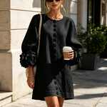 Black Mini Dress with Floral Buttons and Rose-Shaped Cuffs — view 5
