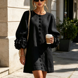 Black Mini Dress with Floral Buttons and Rose-Shaped Cuffs — view 5