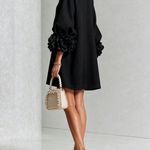 Black Mini Dress with Floral Buttons and Rose-Shaped Cuffs — view 4