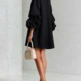 Black Mini Dress with Floral Buttons and Rose-Shaped Cuffs — view 4